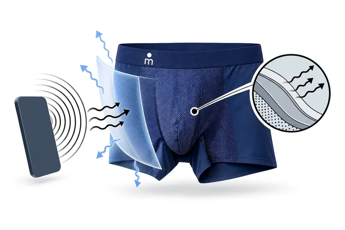 Illustration: woven silver layer in the pouch blocking a phone's radiofrequency
