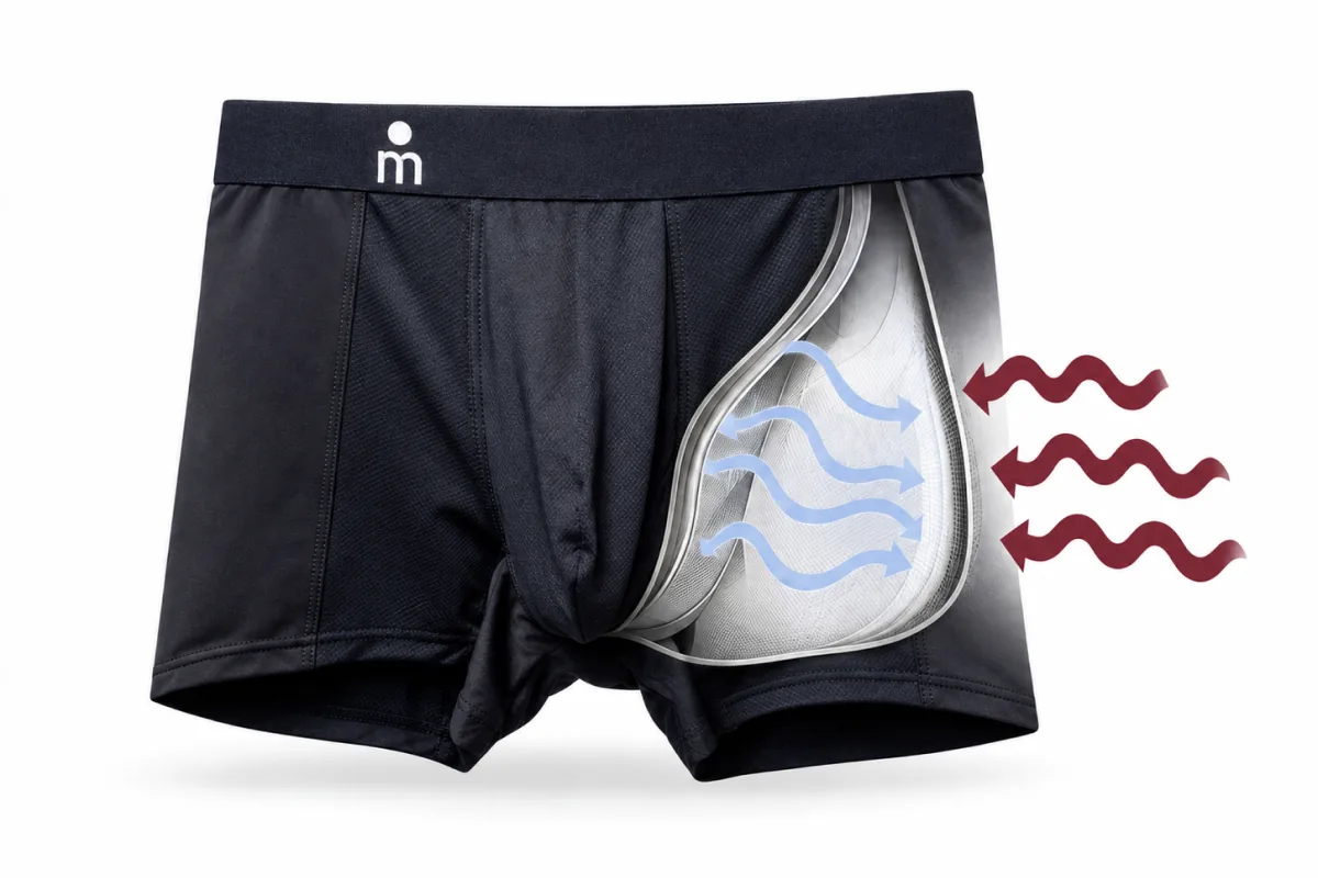 Illustration: heat moving away from the pouch of black Majella underwear