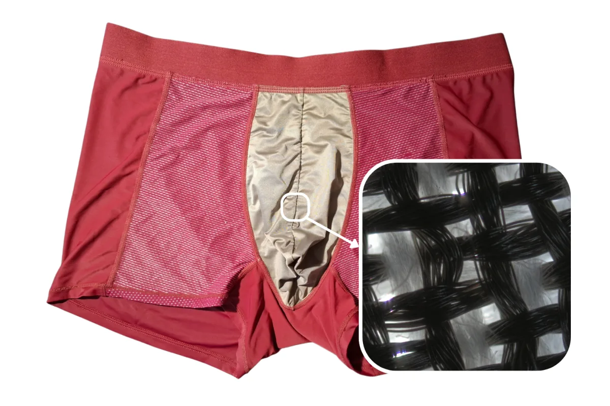 Red Majella underwear with a macro view of the silver fibre weave