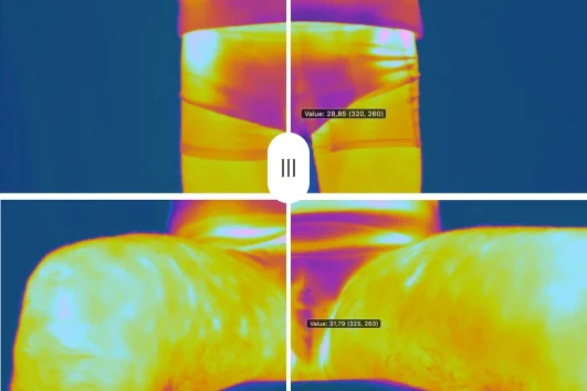 Thermal camera image comparing regular underwear with Majella underwear